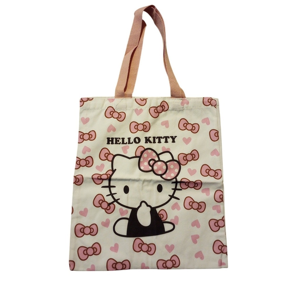 Sanrio Hello Kitty Canvas Tote Bag Pink Bows Hearts Cream Shoulder‎ Bag 15x12"